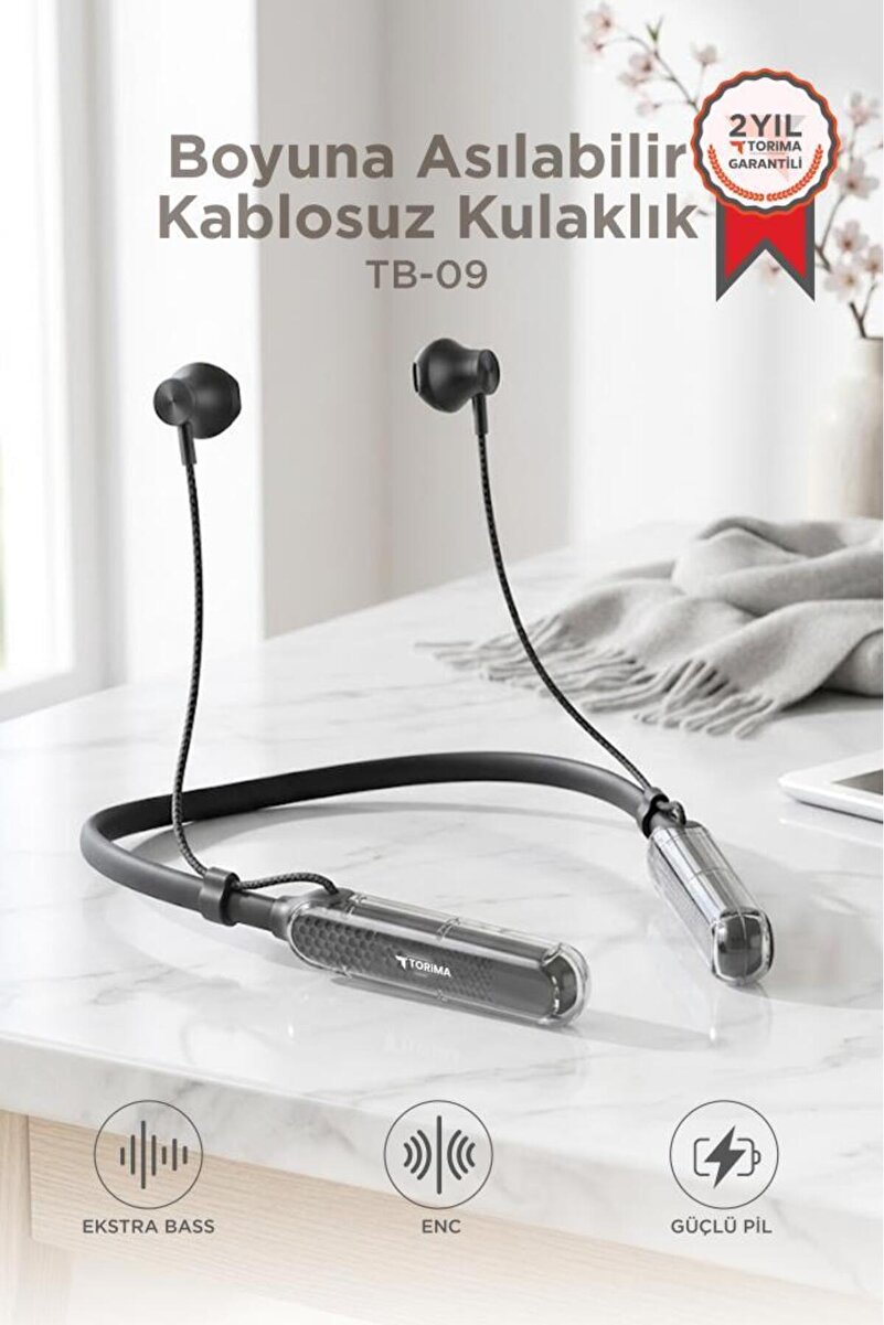 Torima Bluetooth Kulaklık Boyun Askılı Neckband ENC Extra Bass 30 Saat Kullanım TB09 Siyah