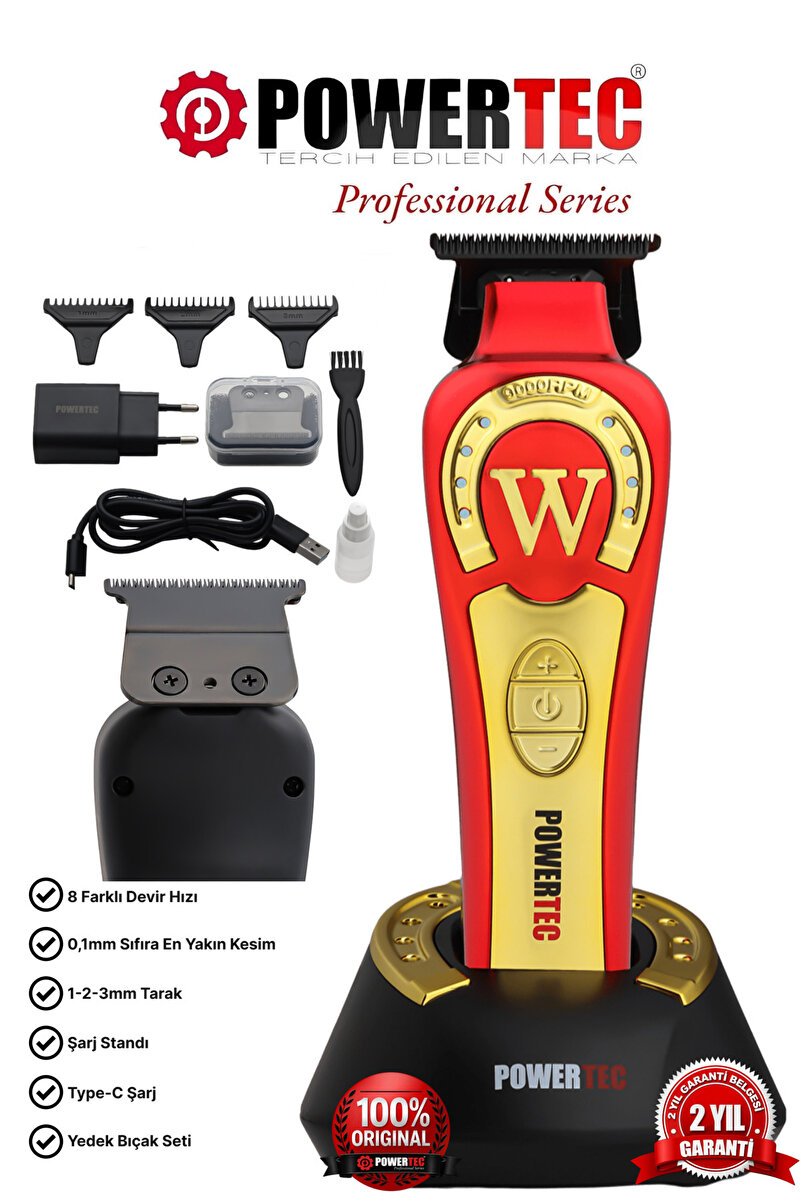 POWERTEC TR-2828 Tam Profesyonel 9.000rpm 8 Kademeli Sakal Ense Kesim-Çizim Makinesi +Yedek DLC Bıçak Seti
