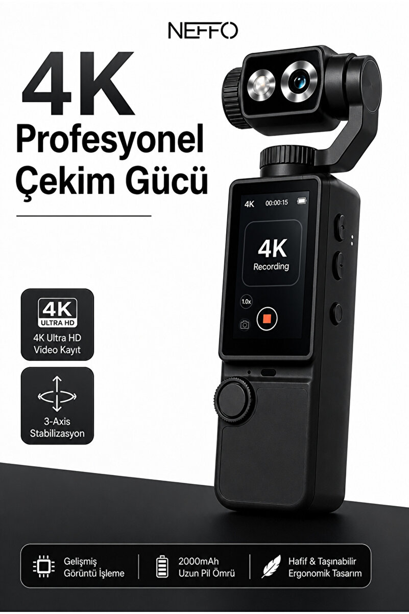 NEFFO 4K HD Taşınabilir Vlog Spor Ve Aksiyon Kamerası 2.0" Döndürülebilir IPS Ekran Gimbal Kamera