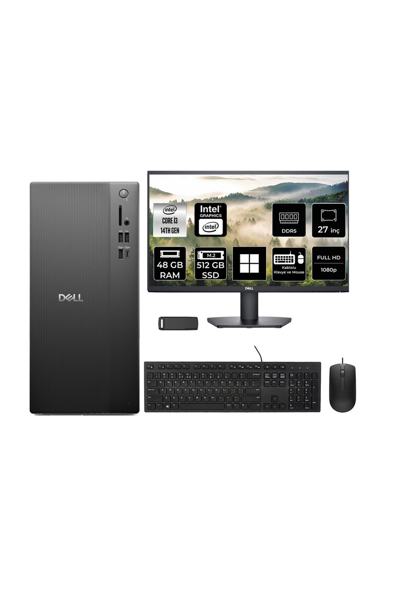Dell Tower Essential QVT1260 Intel Core i3 14100 48GB RAM 512GB SSD 27" FHD Win11 Pro BTO001_QVT1260P949 Masaüstü Bilgisayar + PER4 USB Bellek
