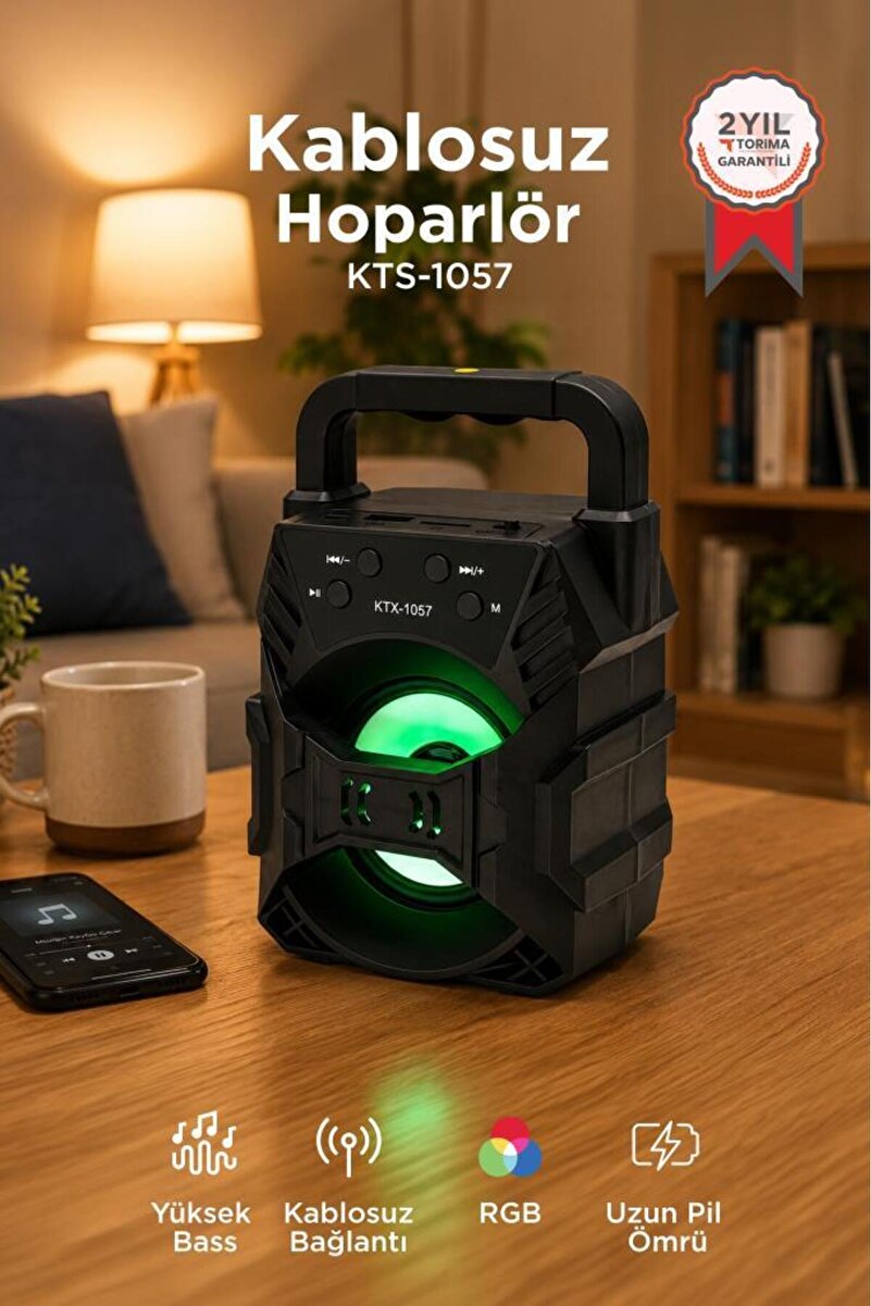 Torima Bluetooth Hoparlör Rgb Işıklı Hafıza Kartı USB ve FM Radyo Destekli Ses Bombası KTS-1057 Siyah