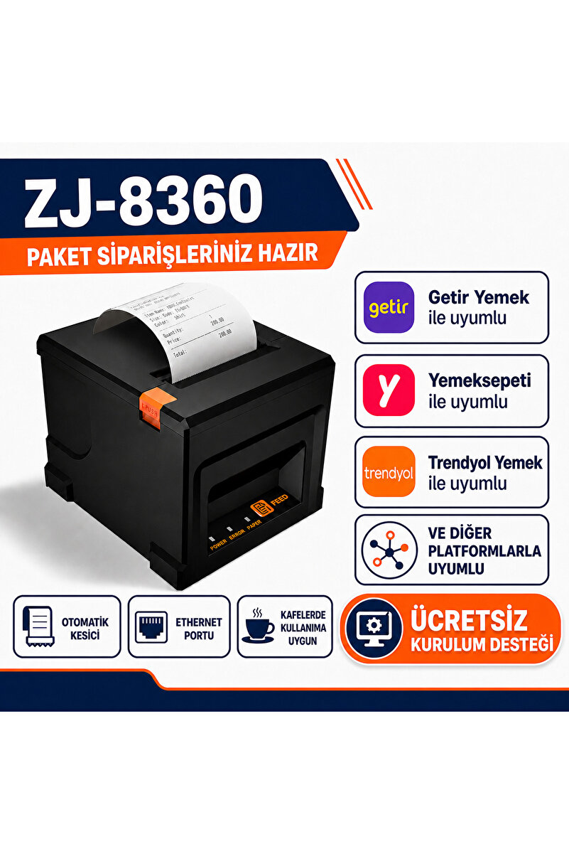 NETUM Zjiang Zj-8360 80mm Termal Adisyon Makbuz Ve Fiş Yazıcı Eternet Usb Oto Kesici