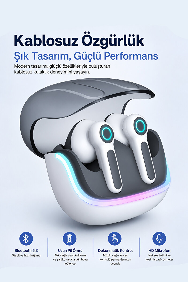 TECHNOMEN Bluetooth 5.3 Oyuncu Kablosuz Kulaklık TWS, 4 Mikrofonlu ENC Gürültü Engelleme,45ms Düşük Gecikme IPX5 Suya Dayanıklı, RGB LED Şarj Kutulu 60 Saat Pil Ömrü