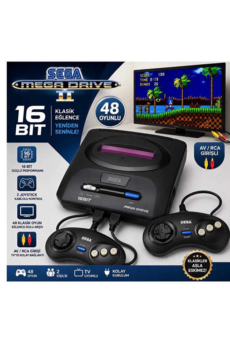 JOYCOR Sega Mega Drive 2 Retro Oyun Konsolu 16 Bit 48 Oyunlu 2 Kablolu Joystick AV/RCA TV Uyumlu Nostalji Konsolu