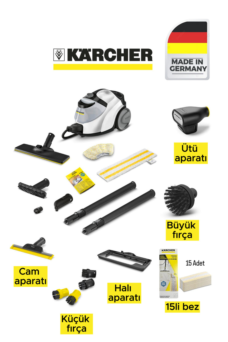 Karcher Sc 5 Easyfix Buharlı Temizlik Makinesi Ütü, Büyük Fırça, Halı Aparatı, Cam Aparatı, 15li Bez, Tekstil Başılığı