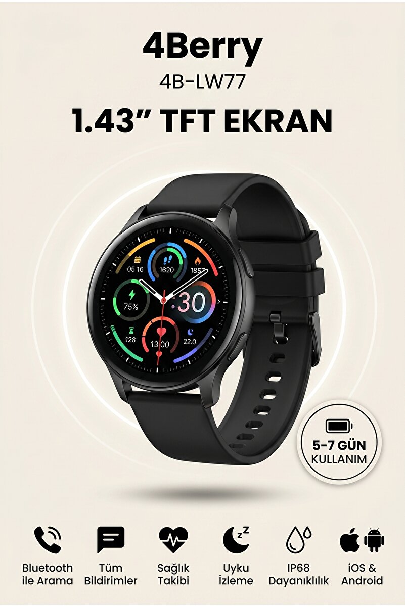 4 Berry 4B-LW77 Akıllı Saat Siyah Yuvarlak Ekran Bluetooth Arama Özellikli IP68 Suya Dayanıklı Spor Modlu Smart Watch