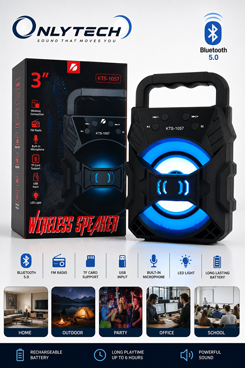 OnlyTech Kts 1057 işiklı Bluetooht höperlör Taşına Bilir Kaplosuz Radyolu Ses Bombası