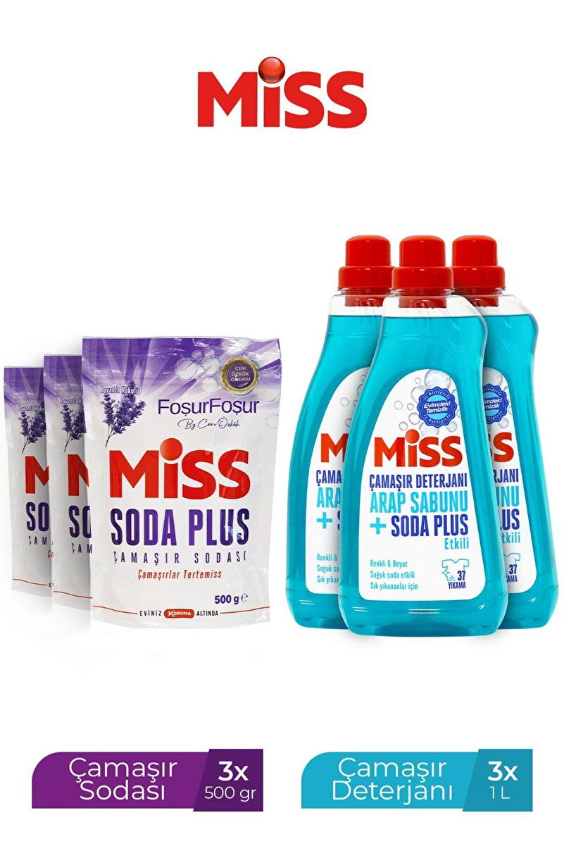 Miss SIVI ÇAMAŞIR DETERJANI ARAP SABUNU VE SODA ETKİLİ 1500MLX3+MİSS SODA LAVANTA 500 GRX3