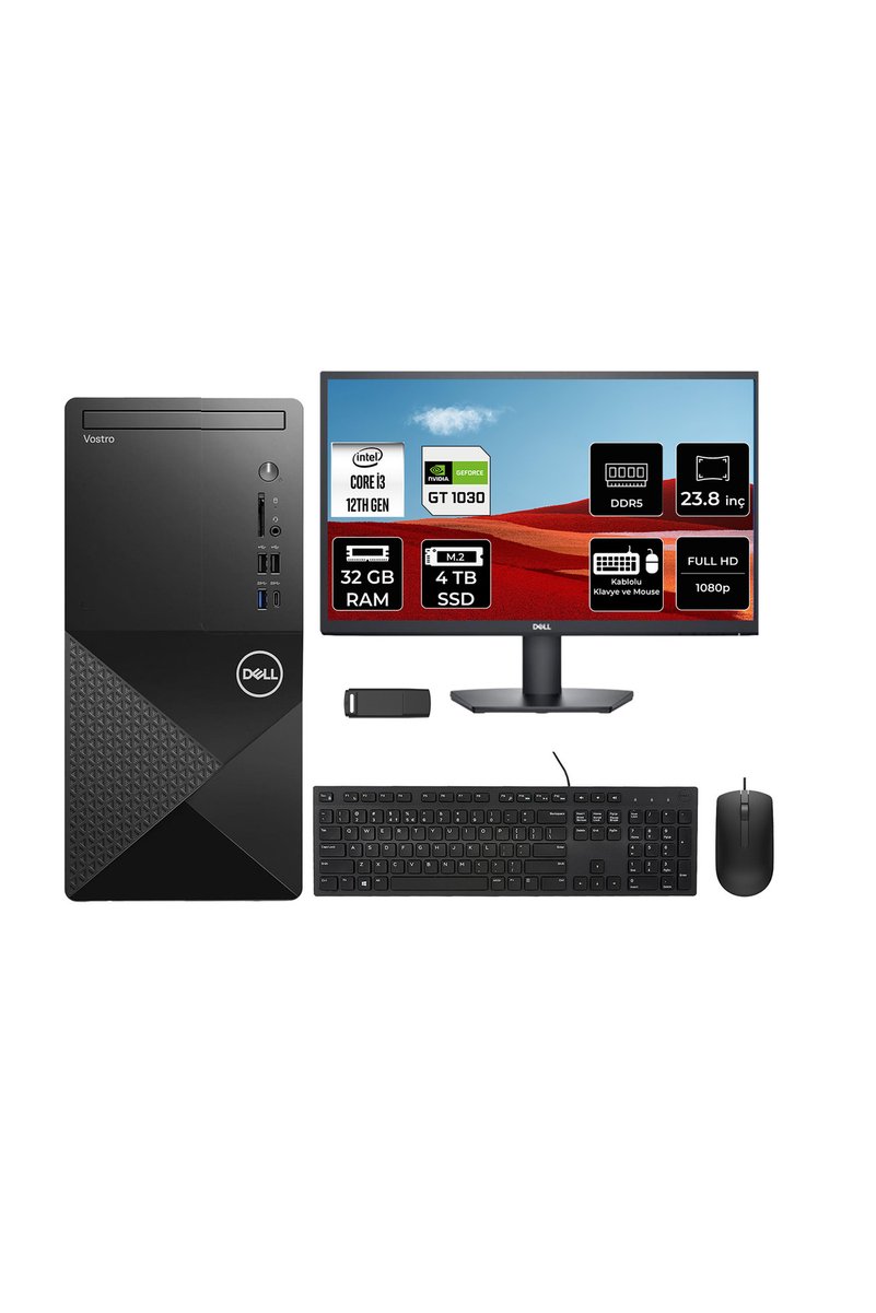 Dell Vostro 3030MT Core i3 12100 GT 1030 4GB 32GB RAM 4TB SSD 23.8" FHD FreeDOS N6001VDT3030MTP728 Masaüstü Bilgisayar + PER4 USB Bellek