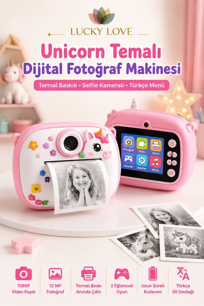 Lucky Love Unicorn Temalı Çocuk Dijital Fotoğraf Makinesi Termal Baskılı Kamera Selfie Kameralı Türkçe Menü