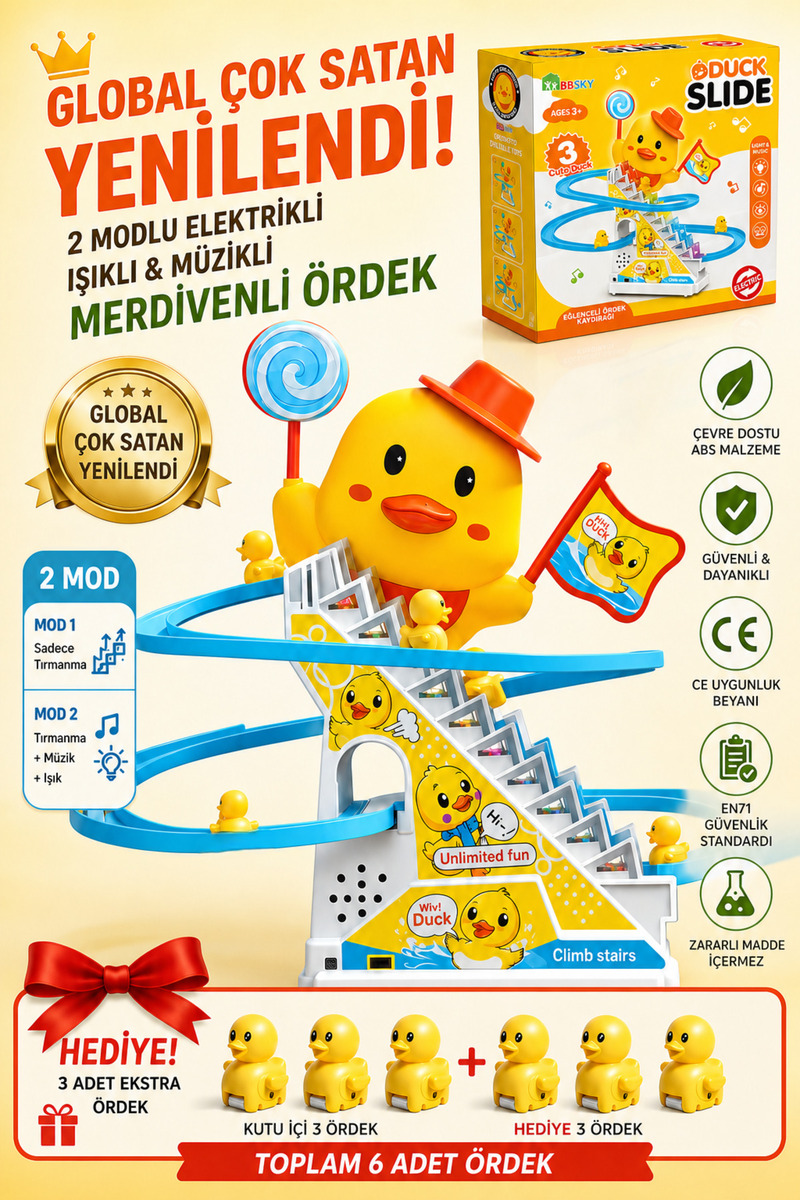 MagX Işıklı Müzikli Otomatik Merdiven Çıkan Ördek Kaydırak Oyuncağı Eğitici 3+ Yaş Sarı