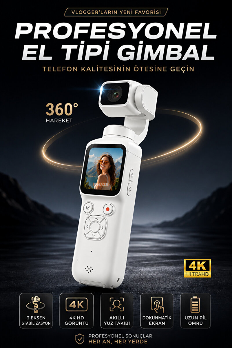 Omaze 4K Ultra Hd Profesyonel Aksiyon Kamerası Gimbal 360 Dönüş Dokunmatik Ekran Profesyonel Vlog Çekim