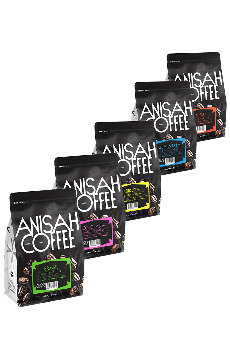 Anisah Coffee Dünya Filtre Kahveleri Tanışma Seti | 5x250gr | Kenya, Guatemala, Ethiopia, Colombia, Brasil