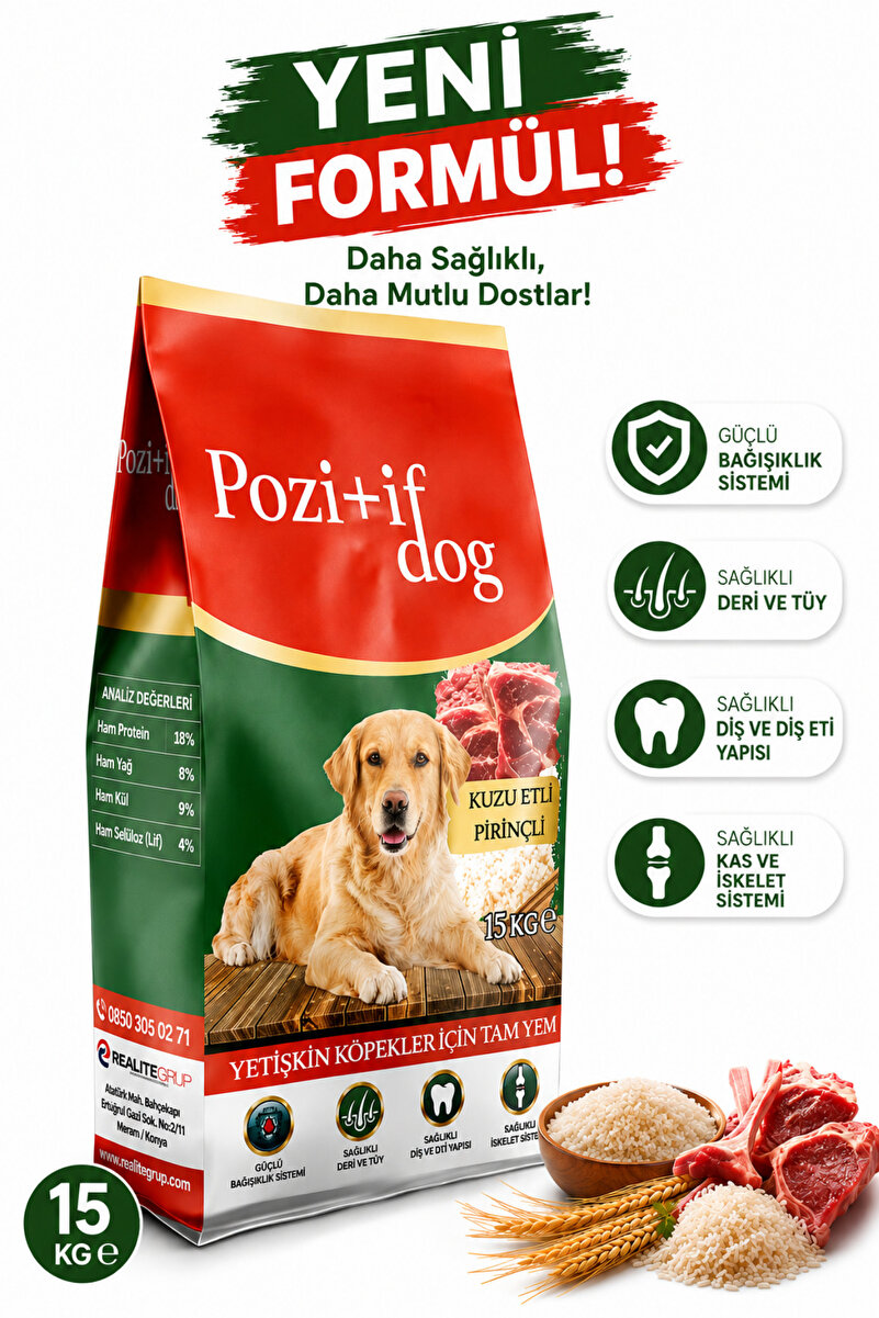 pozitif dog Kuzu Etli Pirinçli Yetişkin Köpek Maması 15 Kg | Yeni Formül | Kolay Sindirim & Dengeli Beslenme