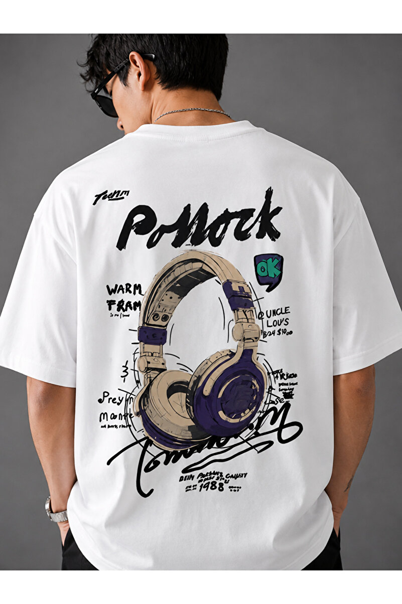 ZAVIXO Kulaklık Baskılı Oversize T-Shirt Unisex Bisiklet Yaka Kısa Kollu Müzik Temalı Grafik Baskılı Günlük Streetwear Tshirt
