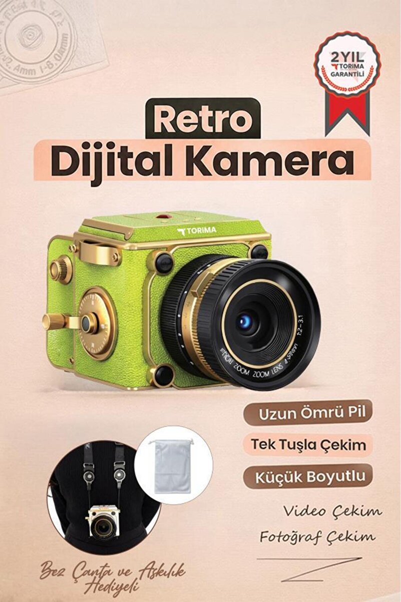Torima Vintage Dijital Kamera Selfie Video Vlog Kamerası Fotoğraf Makinesi CMR48 Açık Yeşil