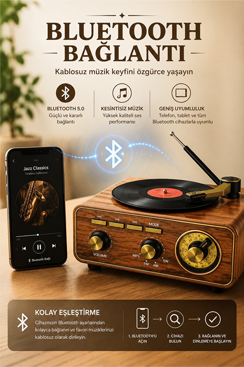 Divex Retro Nostaljik Ahşap Bluetooth Pikap Plak Çalar Görünümlü FM Radyo ve Hoparlör