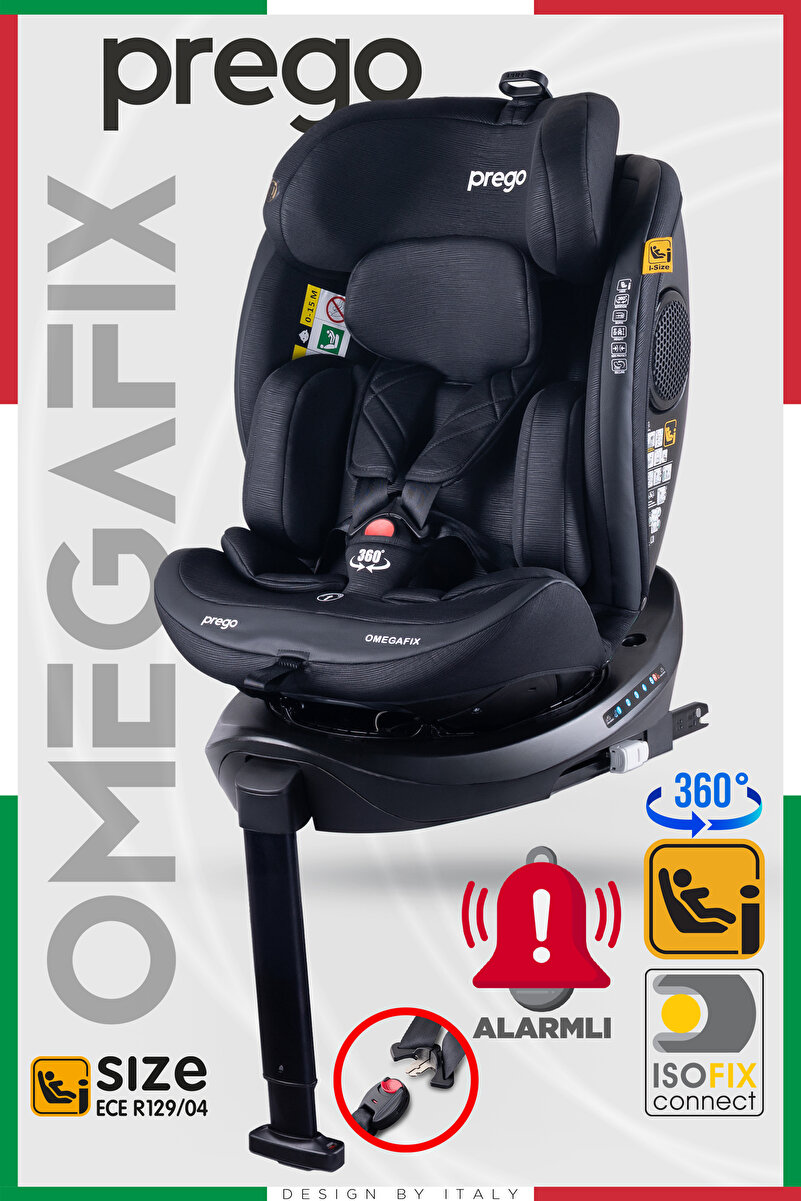 Prego Omegafix Alarmlı 360 Derece Dönebilen -0-36 Kg -İ-Size Belgeli - Destek Ayaklı Oto Koltuğu