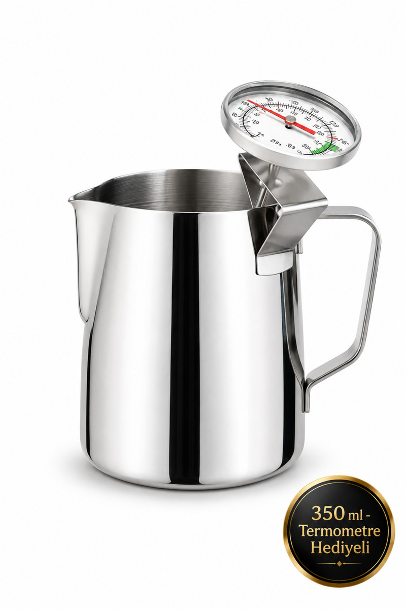 Epinox Süt Potu Barista Pitcher 350 ml + Analog Termometre Seti - Paslanmaz Çelik Süt Köpürtme Sürahisi