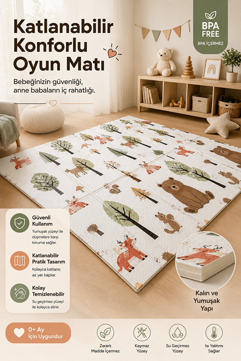 Babylike Katlanabilir Bebek Oyun Matı 200x130 cm – Kalın, Yumuşak, Darbe Emici, Su Geçirmez Çocuk Oyun Halısı-Kahverengi