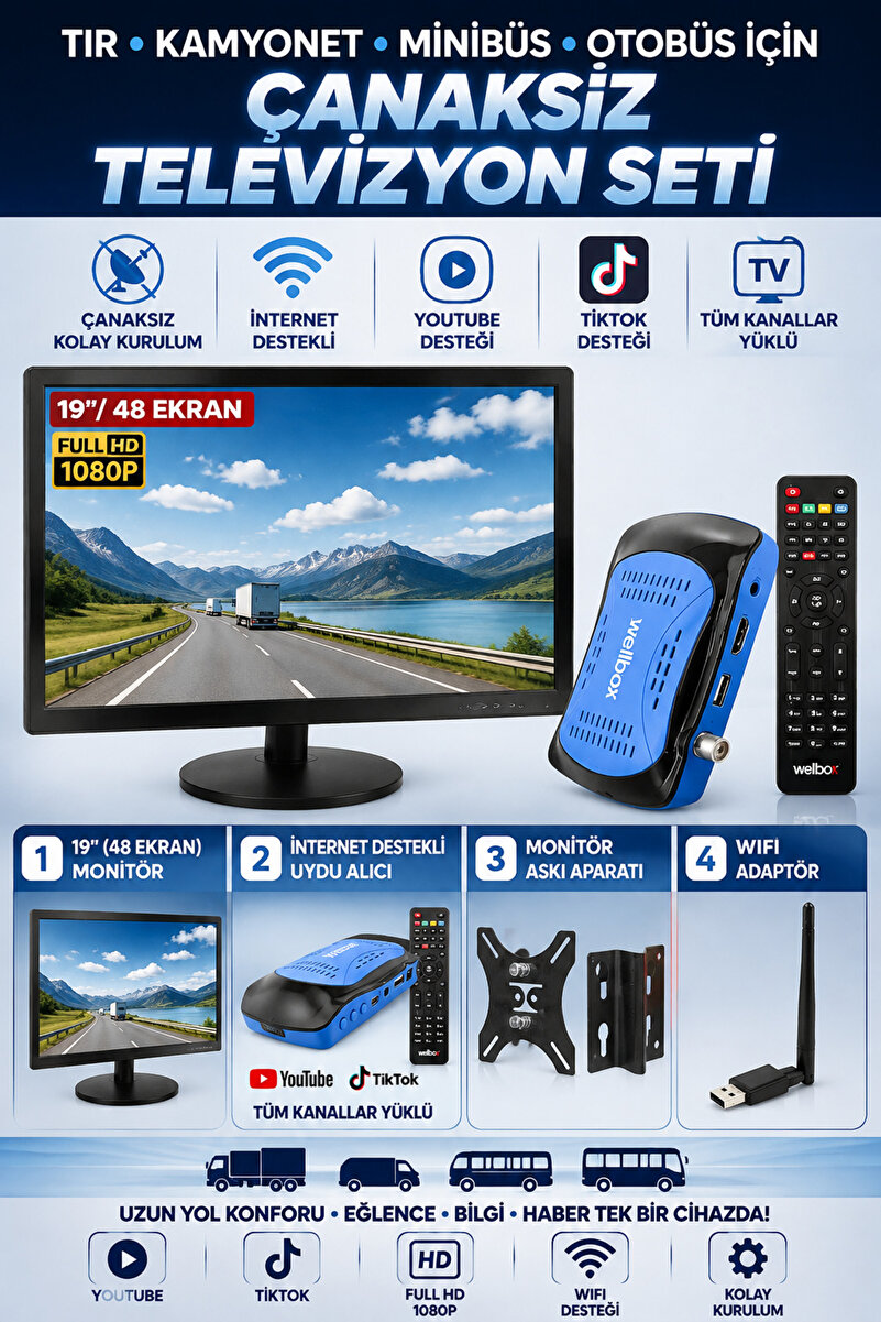 Poke Tır Kamyon Otobüs İçin Çanaksız TV Seti 19'' 48 Ekran İnternet Destekli Uydu Alıcı WiFi Adaptör Askı Aparatı