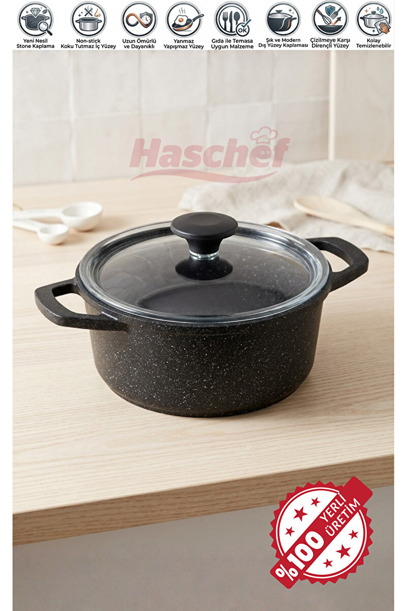 HASCHEF Elmas Döküm Yapışmaz Titanyum Kaplama Derin Tencere 20 Cm