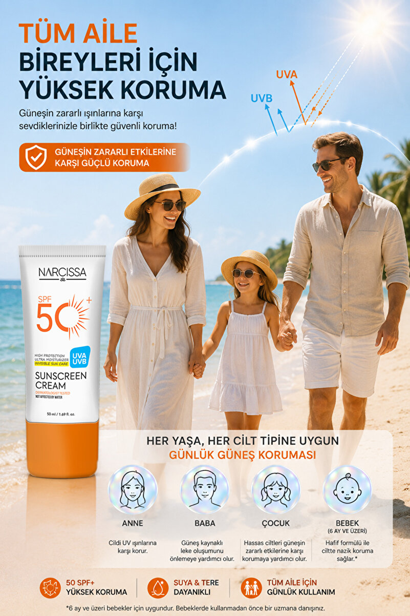 Narcissa Yüksek Koruyucu, Leke Karşıtı Yüz Güneş Kremi 50 SPF+ Waterproof UVA + UVB 50 ML