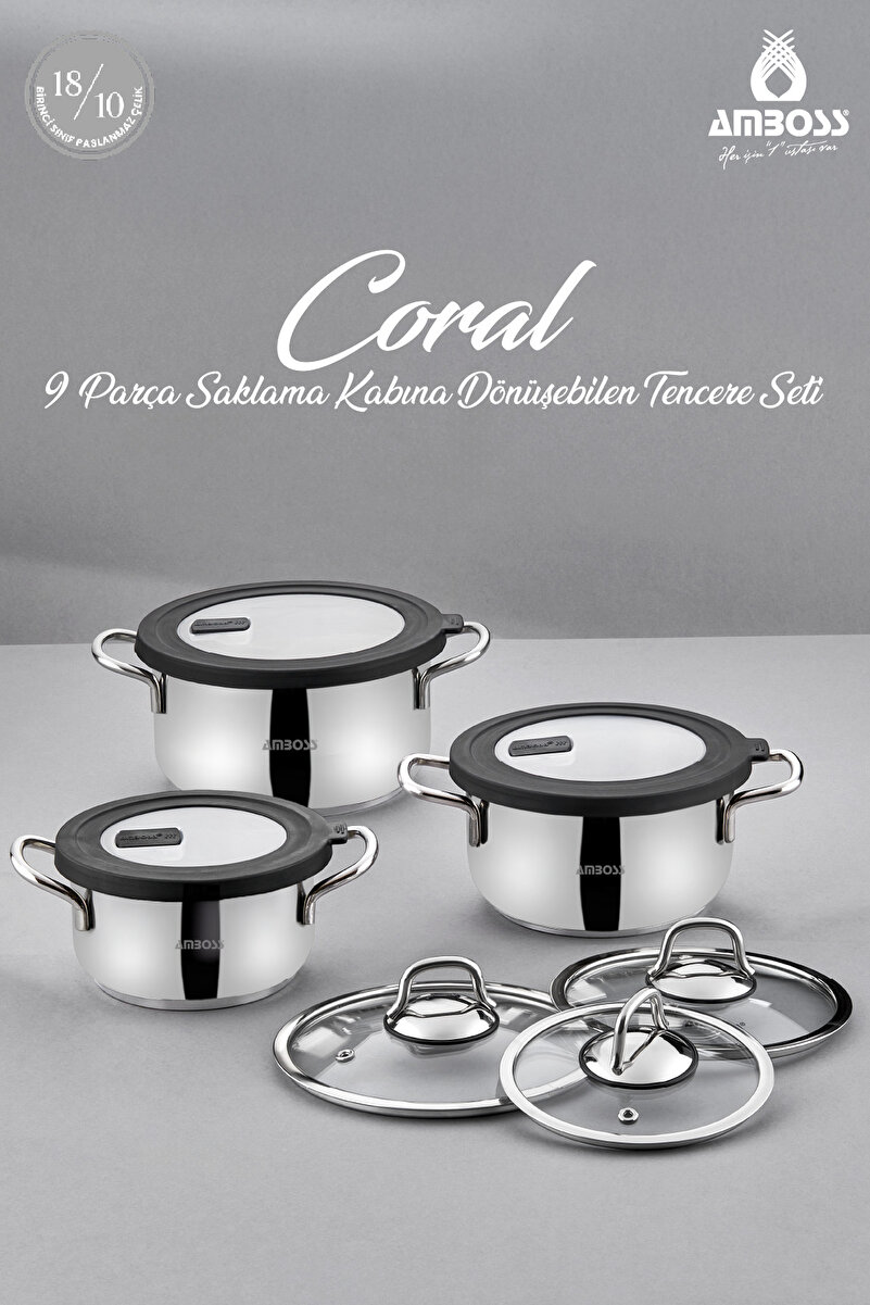 Amboss Coral 9 Parça Pişir Sakla Tencere Seti