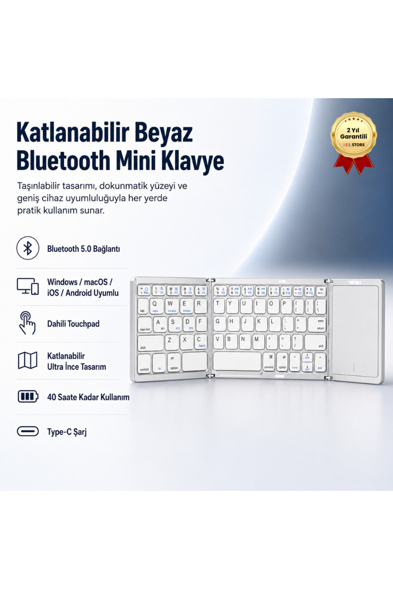 H Klavye Katlanabilir Beyaz Her Cihaza Bluetooth İle Uyumlu Portatif Taşınabilir Dokunmatik Mini Klavy