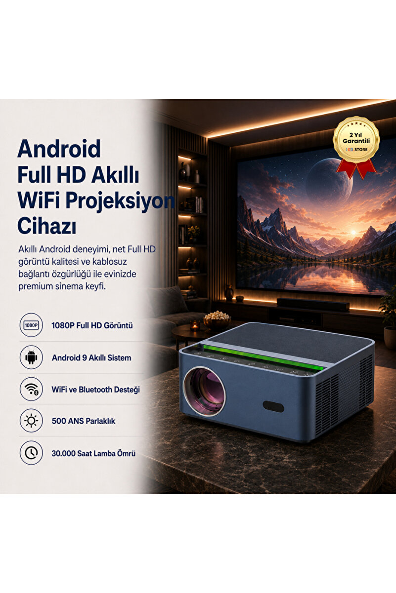 Genel Markalar 1080P HD Android Sistemli Wifi Bluetooth 150 inch Hoparlörlü HDMI 500 ANS Akıllı Projeksiyon Cihazı