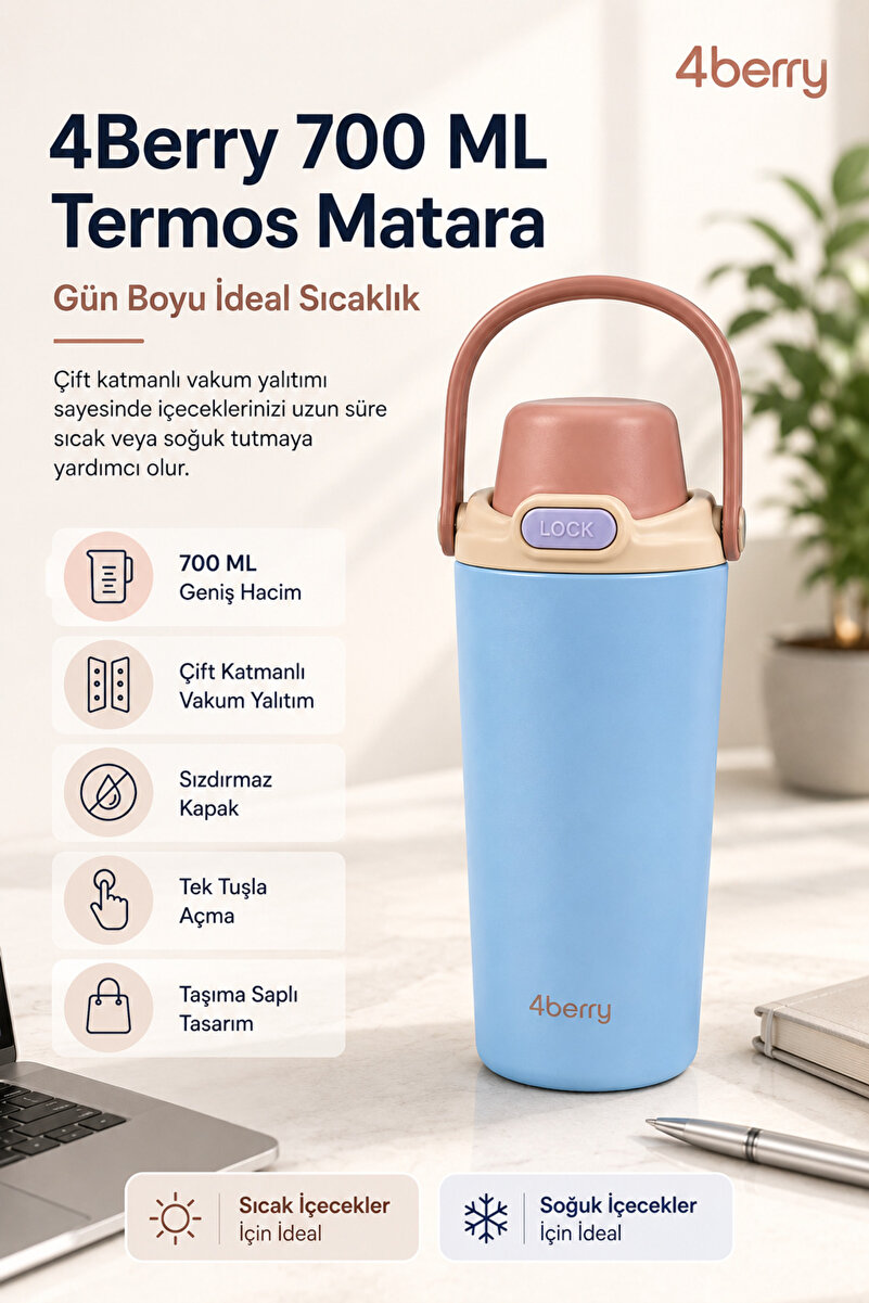 4 Berry 4Berry 700 ML Termos Matara Çift Cidarlı Vakum Yalıtımlı Sıcak Soğuk Tutan Sızdırmaz Kapaklı - Mavi
