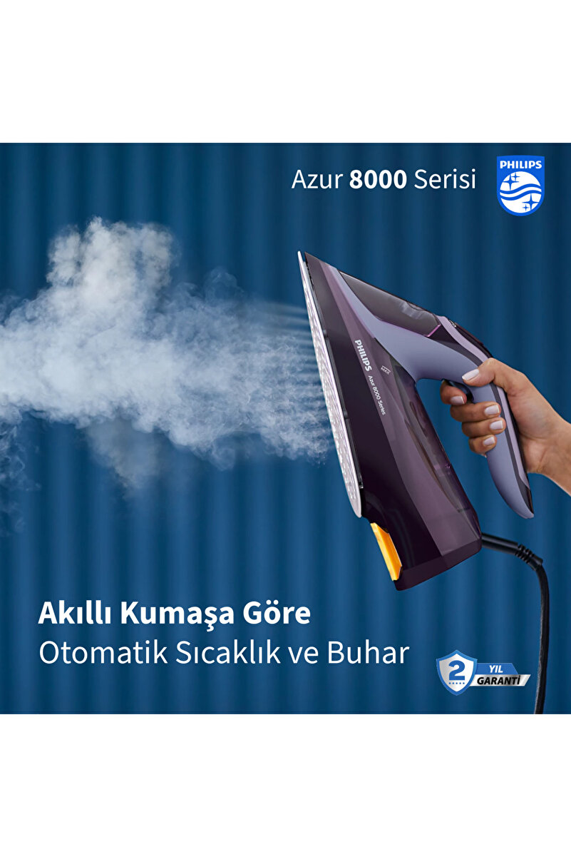 Philips Akıllı Kumaşa Göre Isı Ayarlayan Azur Elite 240g Şok Buhar 55g/dk Sürekli Buhar 3000W Güçlü SteamGlide Plus Taban Ütü + Şarjlı Hav%Yün Temizleyici Hediye(Onerous)