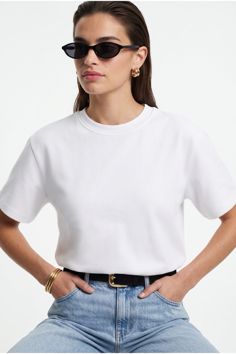 Kadın Rise Dekoratif Yaka Tok Doku %100 Pamuk Beyaz T-Shirt
