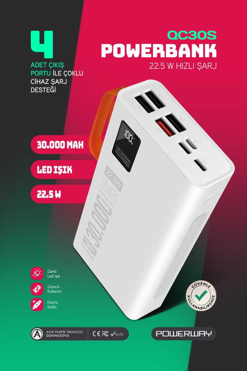 Powerway 30.000 Mah Pd 22.5W Dahili Kablolu Hızlı Şarj Led Fener Gerçek 30.000 Mah QC30S Beyaz Powerbank