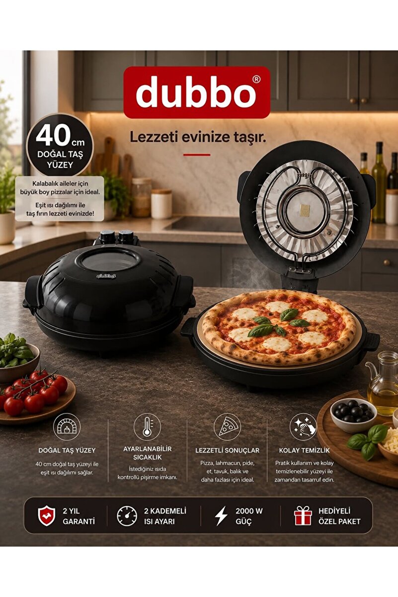 dubbo 2000 watt 40 CM Üstden pencereli TAŞ FIRIN pizza,lahmacun,kek,börek,ekmek,et tavuk,balık v.s *SİYAH*