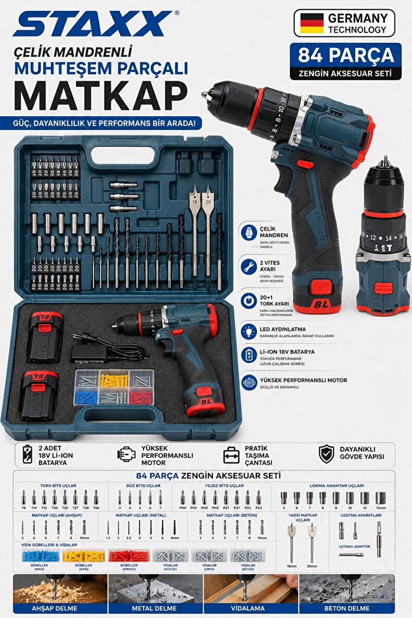STAXX POWER 84 Parça Çelik Mandrenli Brushless Şarjlı Matkap Seti 18V x2 Çift Akülü Vidalama ve Delme Makinesi
