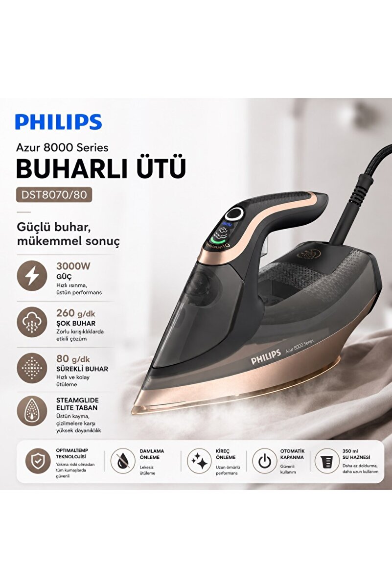 Philips Otomatik Kapanma Kireç Önleme DST8070/80 Azur 8000 Serisi Buharlı Ütü