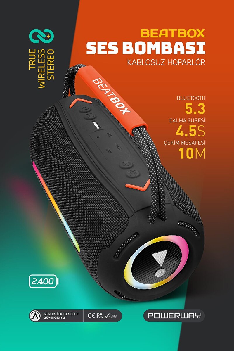 POWERWAY BeatBox Siyah Led Işıklı Dayanıklı Ses Bombası Usb Sd Aux FM Radyo Bluetooh Hoparlör