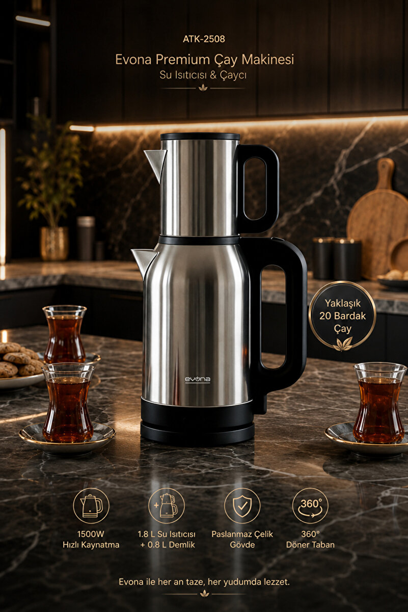 evona Steeltea – Premium Çelik 2 In 1 Çay Makinesi Su Isıtıcısı & Çaycı