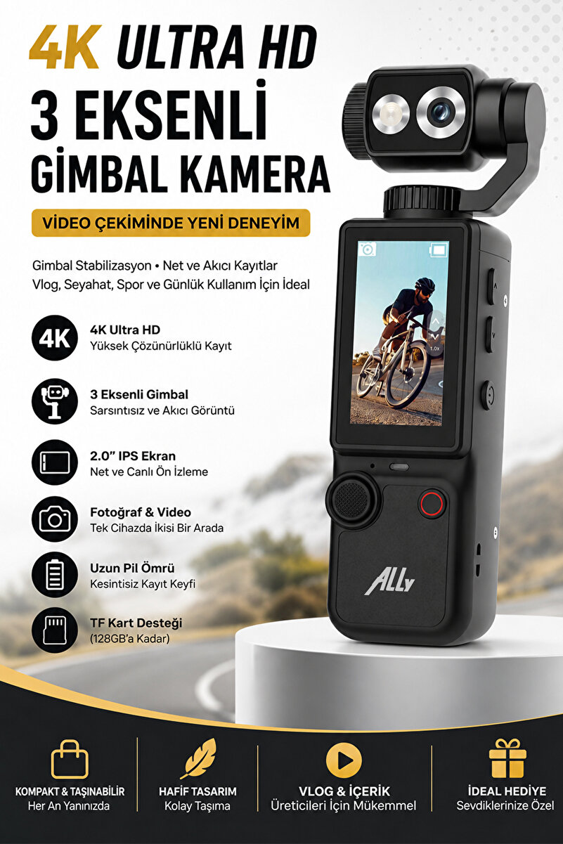 Ally Q8 PocketPro 4K Ultra HD Dijital Aksiyon ve Vlog Kamerası