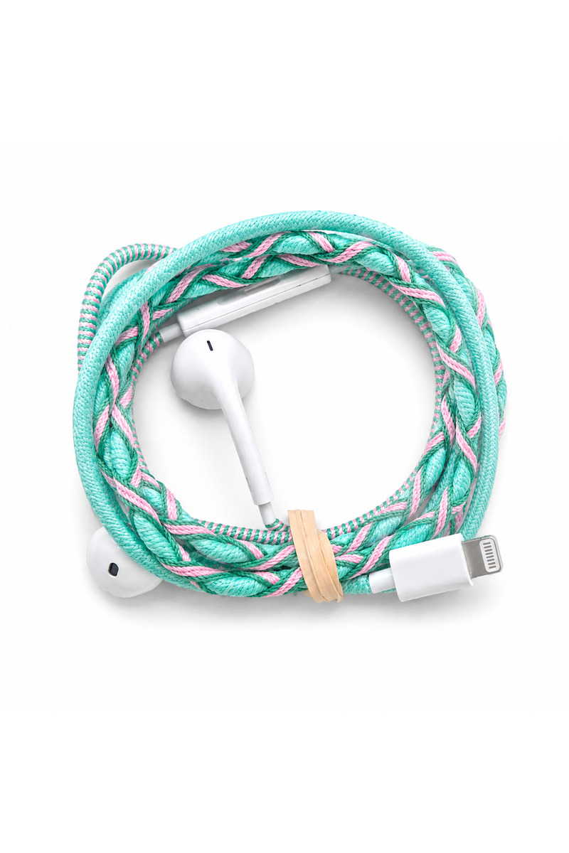 Boğazören İp Örgü Desenli Kulaklık İos Uyumlu premium kulaklık Yeşil-pembe desenli ipli kulaklık iphone 11-12-13-14 pro ve max - Base uyumlu kablolu kulaklık lightning ip örgülü desenli ipli kulaklık