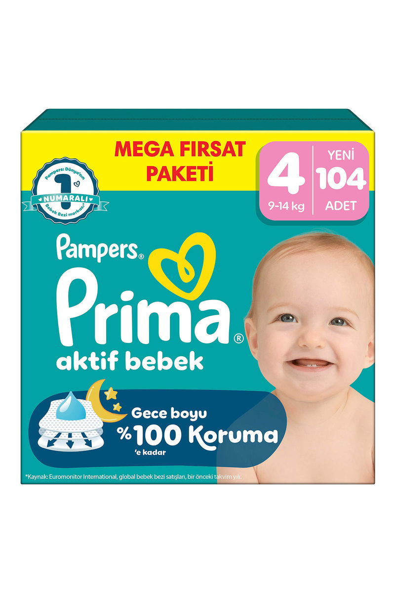 Prima Bebek Bezi Aktif Bebek Mega Fırsat Paketi 4 Beden 104 Adet