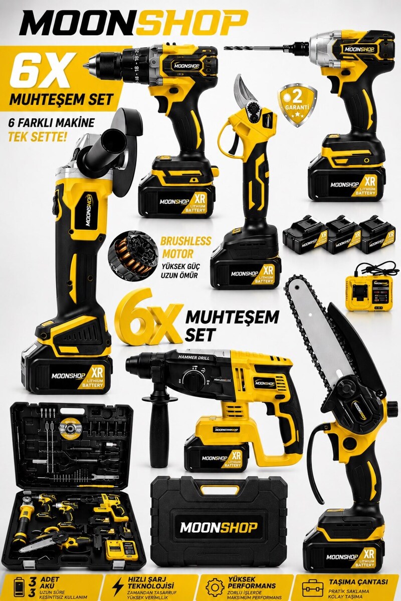 MOONSHOP Profesyonel 6’lı Akülü Makine Seti Akülü Taşlama Budama Kırıcı Delici Makas Somun Sökme Vidalama Ful