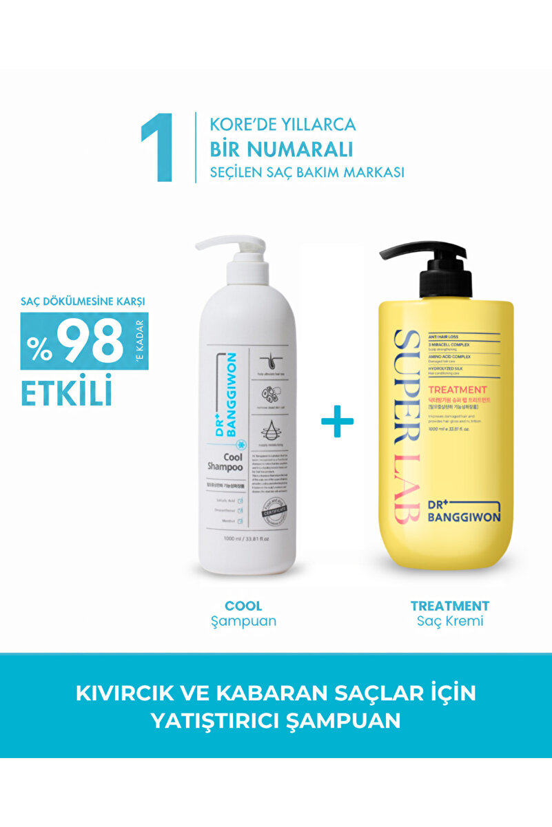 DR BANGGIWON Cool Şampuan ve SuperLab Treatment Saç Kremi, Kabaran Saçlar İçin Yatıştırıcı ve Nemlendirici 2x1000 Ml