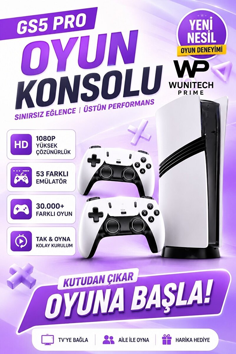 WUNİT Gs5 Pro Kablosuz Çift Kollu 30.000 Oyunlu 4k Hdmi 53 Emülatörlü Pes12,wwe,gta 2.4G Oyun Konsolu