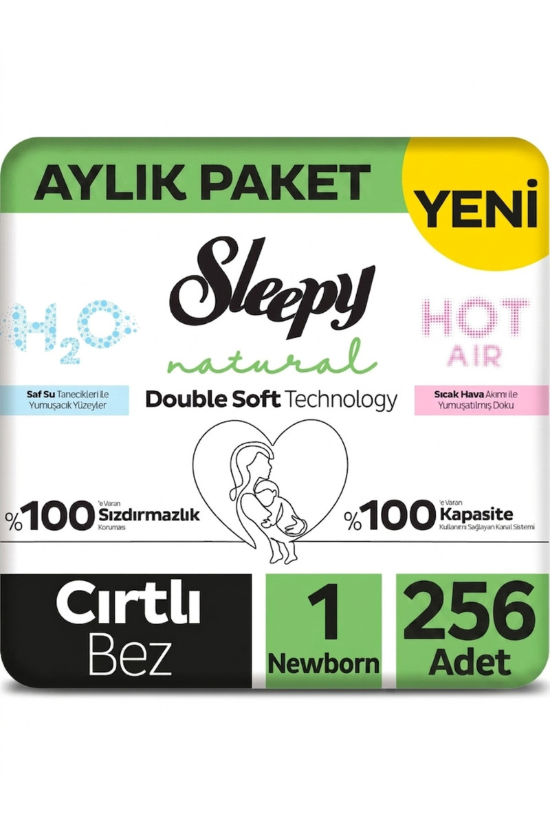 Sleepy Natural Double Soft Aylık Paket Bebek Bezi 1 Numara Newborn 256 Adet