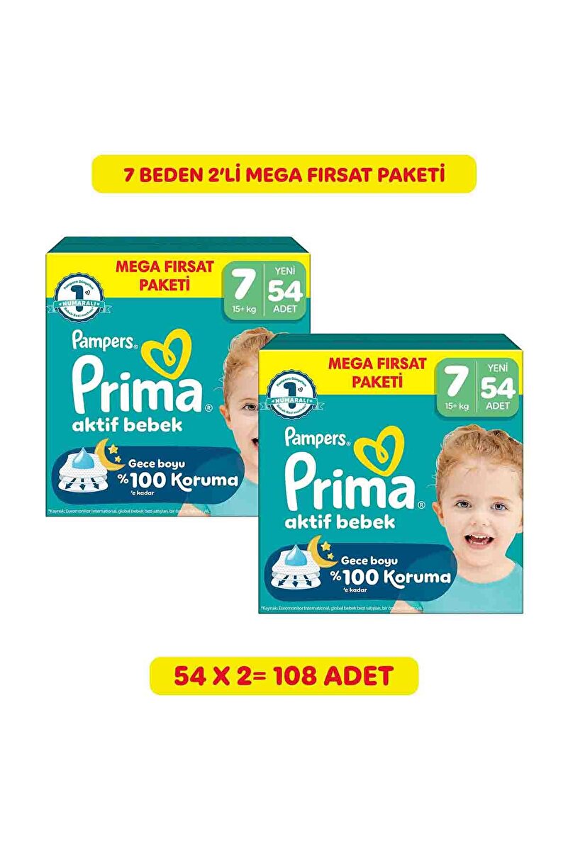 Prima Aktif Bebek Mega Fırsat Paketi 7 Numara 54'lü 2 Paket (108 Adet) Bebek Bezi