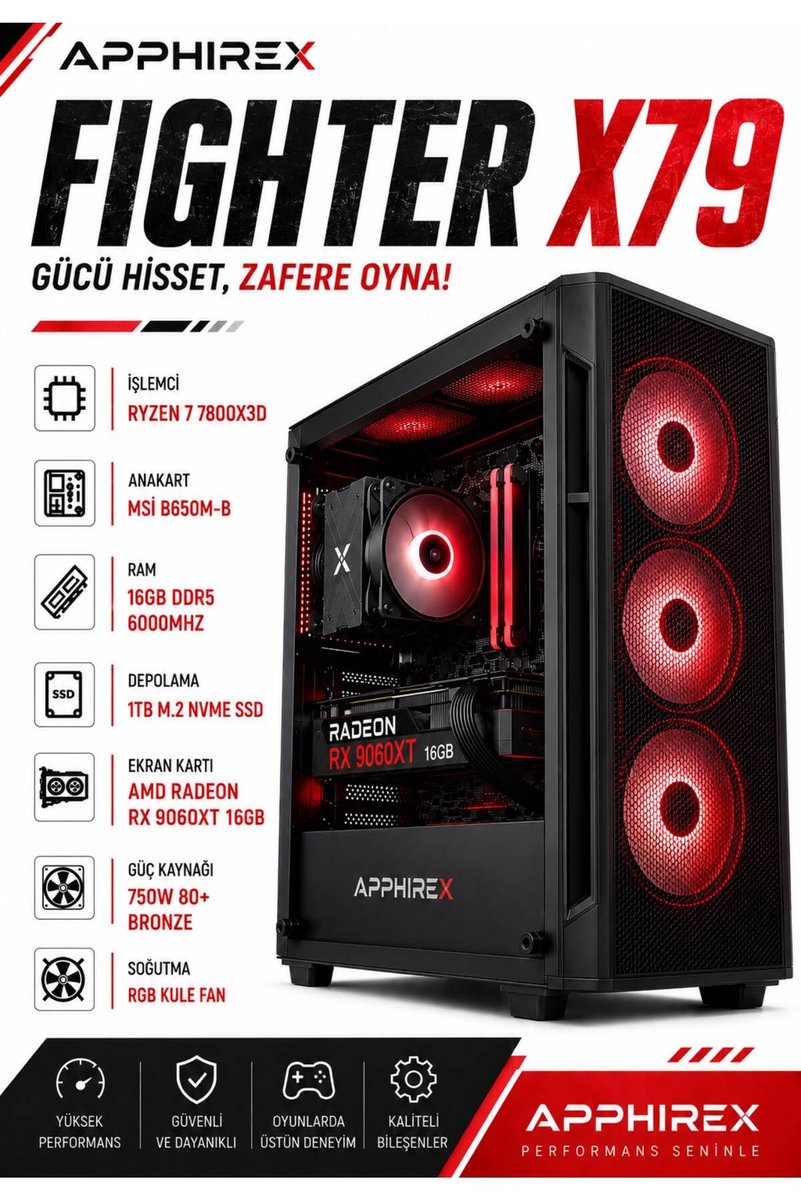 Apphirex FIGHTER X79 RYZEN 7 7800X3D 16GB DDR5 RAM 1TB M.2 SSD RX9060XT 16GB Masaüstü Oyuncu Bilgisayar
