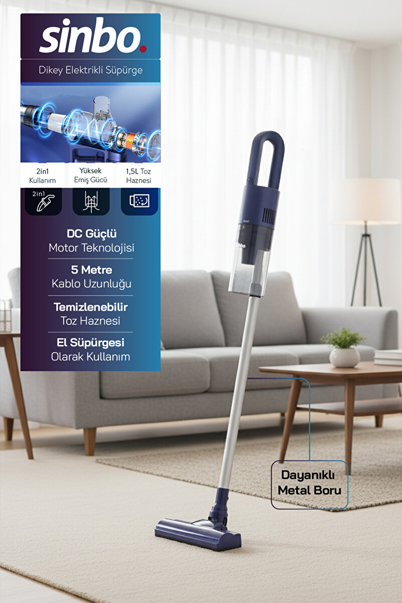 Sinbo SVC-8628 Pratic SLIM Dikey Elektrikli Süpürge Kablolu – 2 in 1 El Süpürgesi