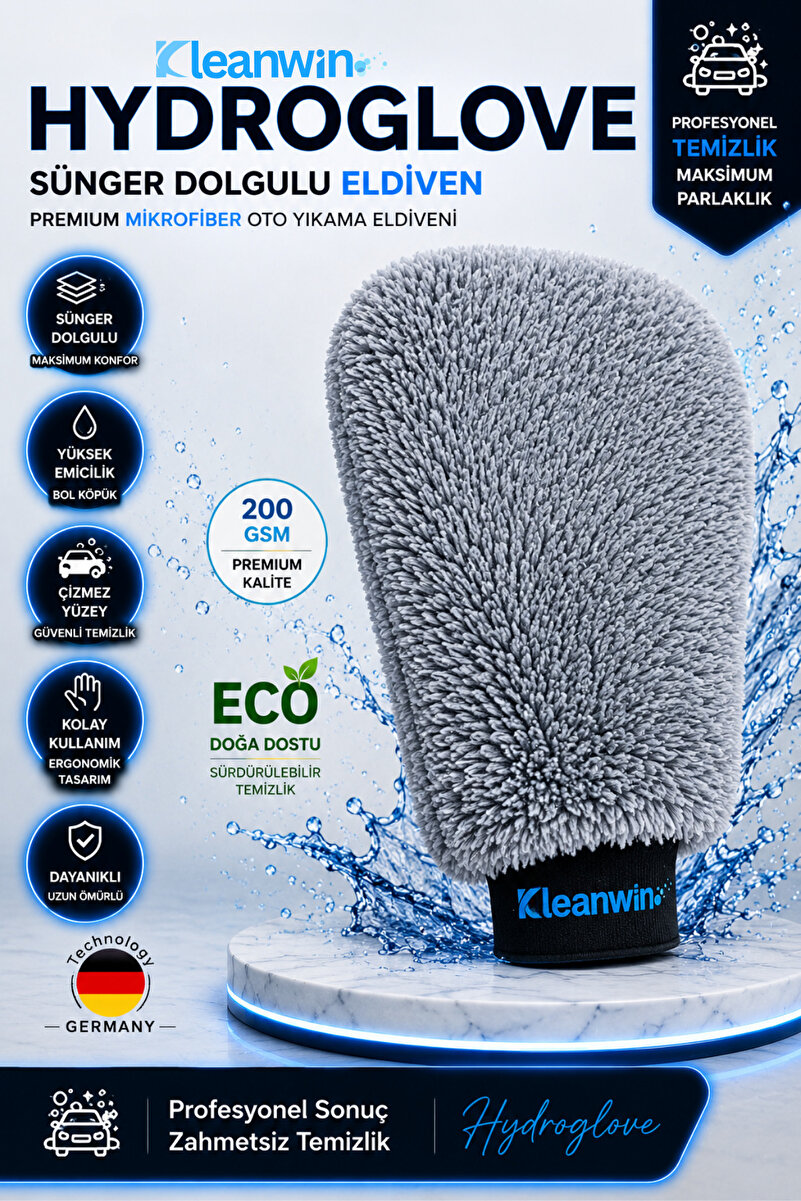 Kleanwin Hydroglove Mikrofiber Oto Yıkama Eldiveni | Gri | Sünger Dolgulu, Emici Araç Temizlik Eldiveni